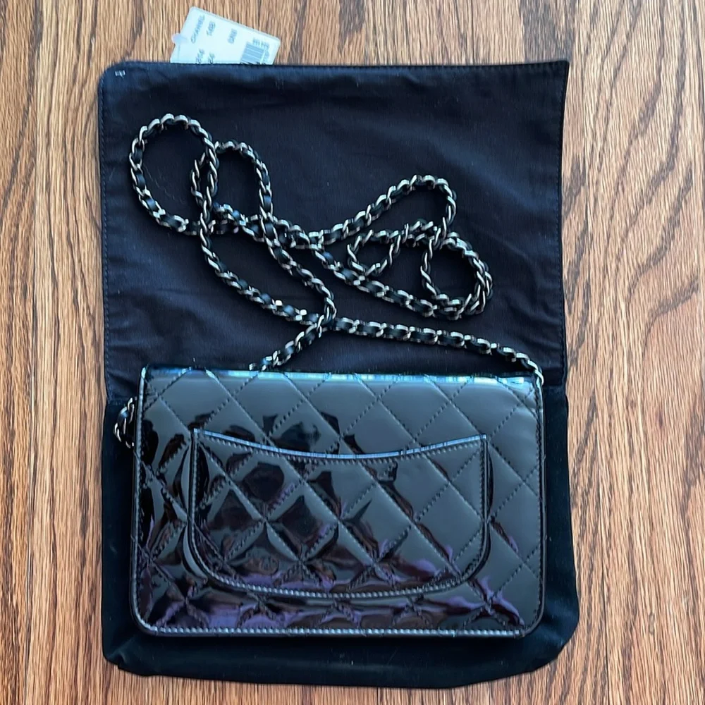 Chanel patent leather wallet on a chain